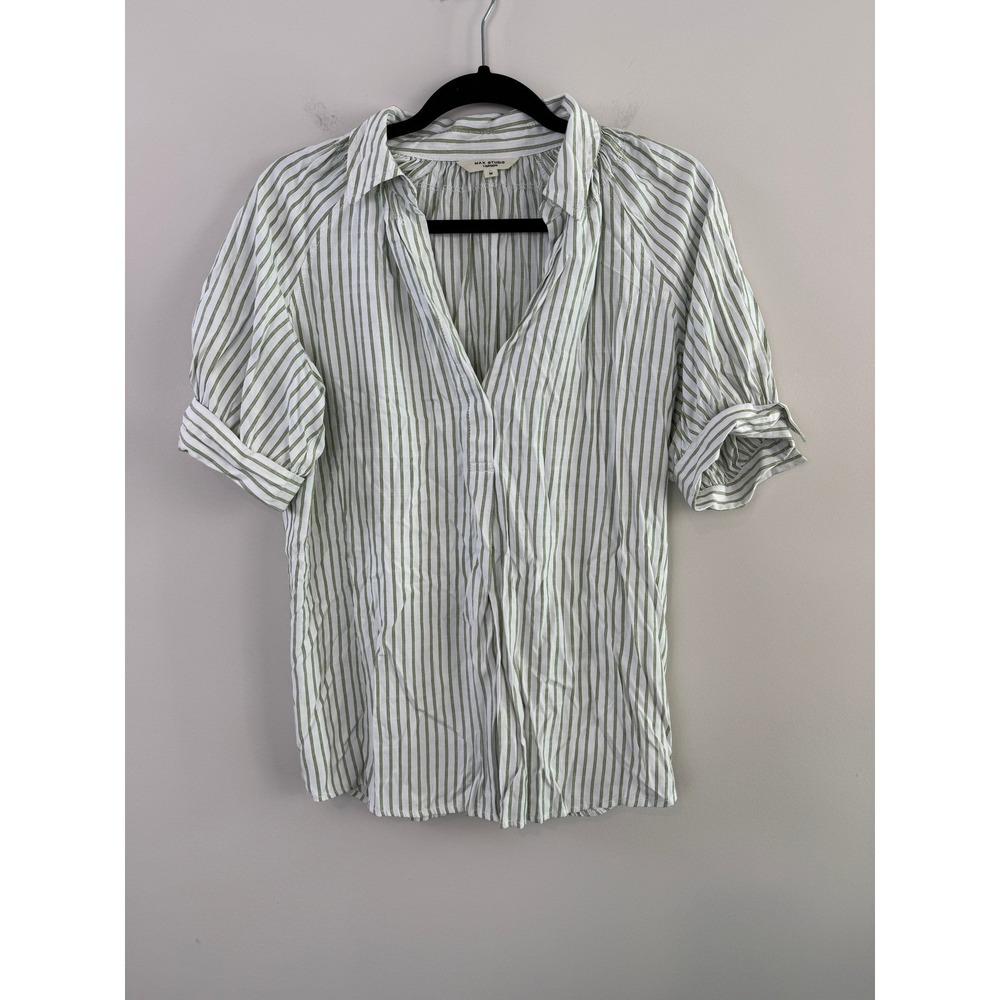 Max Studio London Blouse M Sage Green White Striped Button Tab Short Sleeve